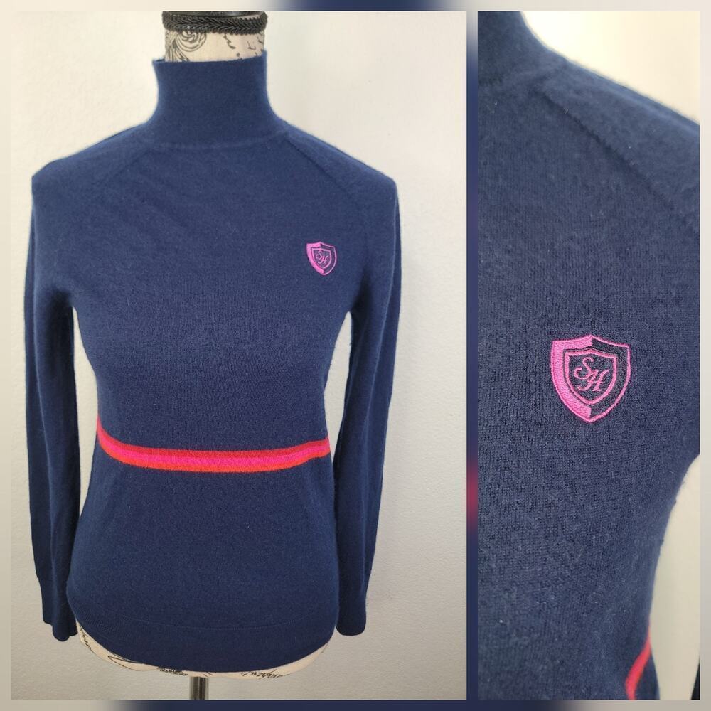 G/Fore 100% Cashmere Pullover Sweater Womens Sz S Mock Neck Blue Pink Flaw READ